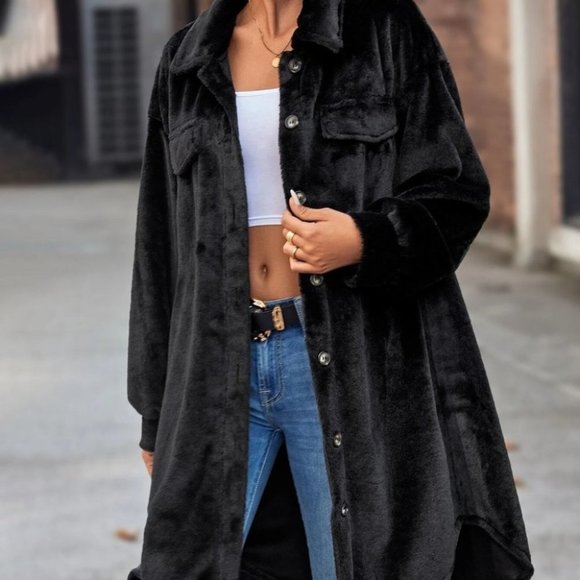 Fluffy Button Down long shacket Coat Black - Picture 4 of 4